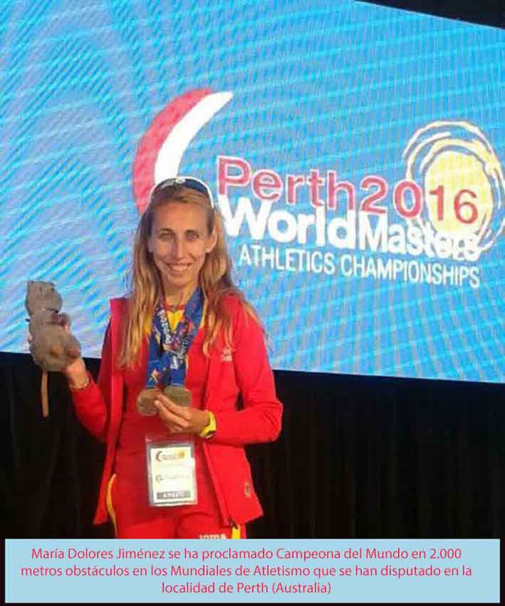 María Dolores Jiménez se ha proclamado Campeona del Mundo en 2.000 metros obstáculos en los Mundiales de Atletismo que se han disputado en la localidad de Perth (Australia)